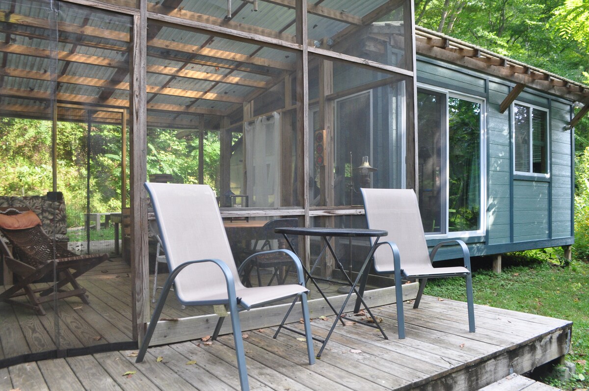 A spacious screened porch is featured, equipped with two comfortable chairs and a small table on a wooden deck. The porch overlooks the lush surroundings, offering a tranquil space to relax. The cabin exterior, painted in a soft blue, is visible in the background.