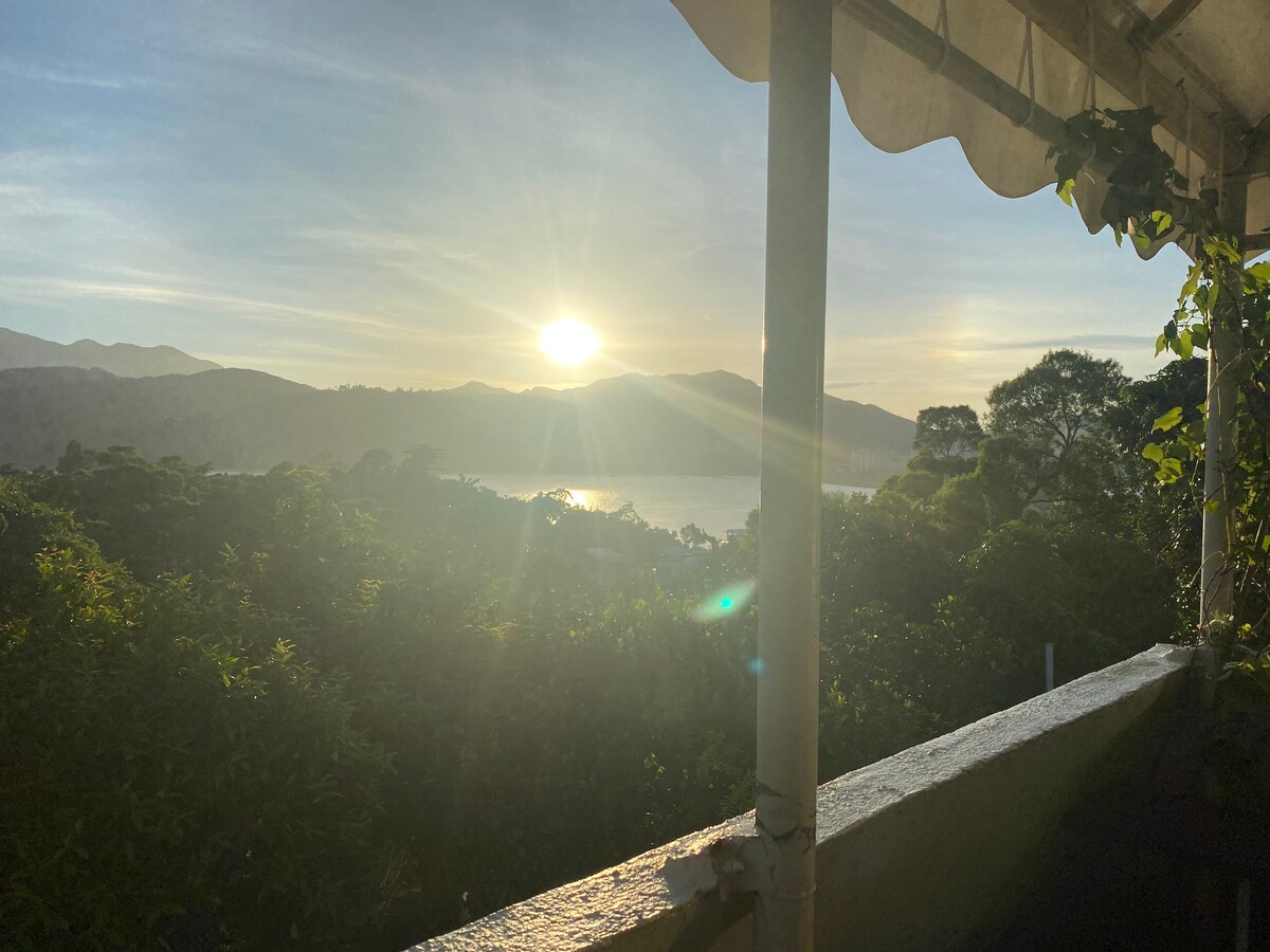 A breathtaking view of the sunrise over the hills and ocean can be seen from the rooftop. Sunlight filters through the leaves of nearby plants, creating a serene atmosphere. The gentle outlines of the landscape are visible in the soft morning light, inviting relaxation.