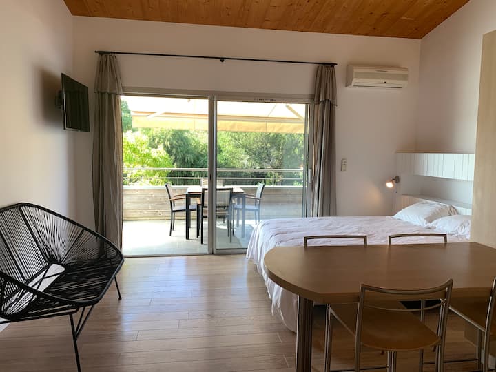 החדר הראשי מורחב על ידי המרפסת, נוף מחדר הכניסה