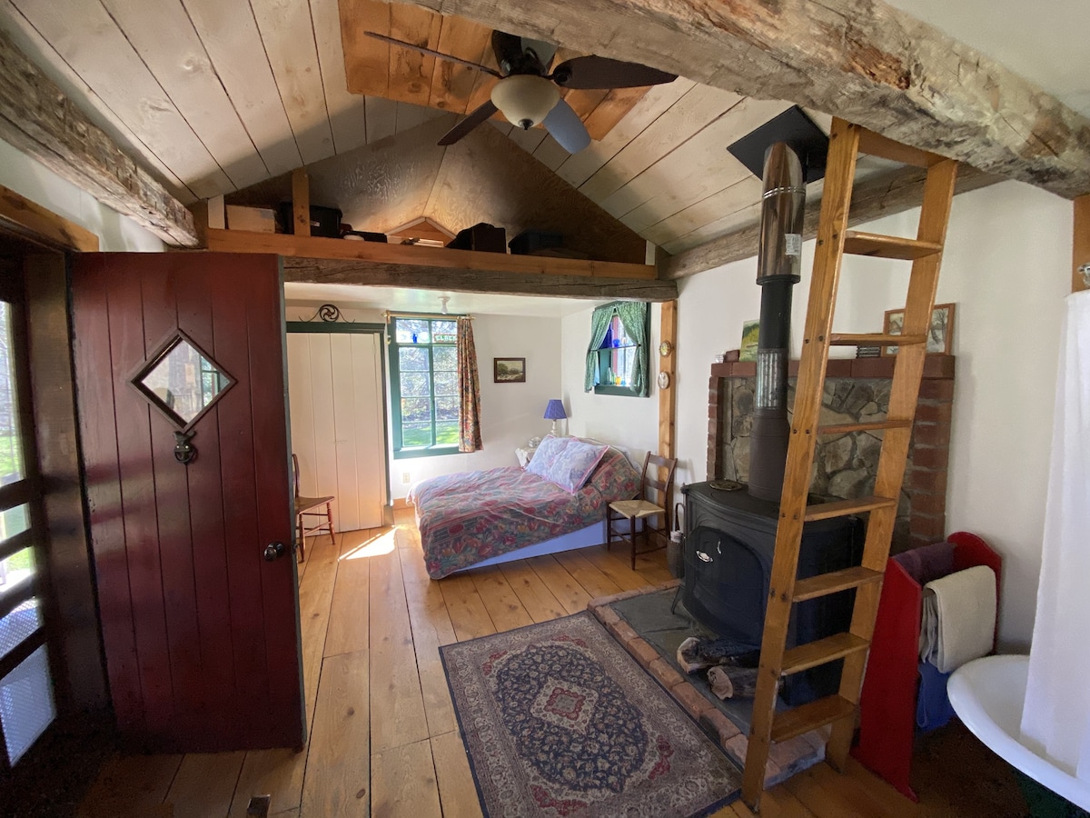 الجزء الداخلي من المقصورة مع سرير وموقد خشبي ، باب مفتوح.