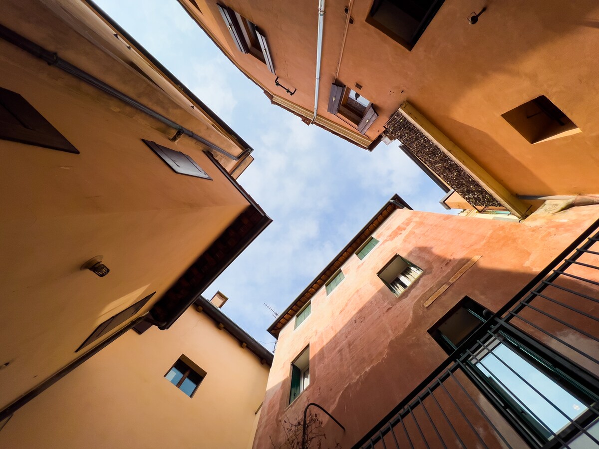 An upward view captures the space between buildings, revealing a mix of pastel-colored facades. The sky is visible through the gaps, showcasing soft clouds. Windows line the walls, some partially open, and a railing is seen in the foreground, providing a sense of depth to the scene.