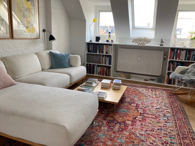 A light-filled living room features a spacious white sofa accompanied by a soft throw pillow. Bookshelves are lined with a collection of books, while a colorful area rug adds warmth to the space. Natural light streams in through two windows, creating an inviting atmosphere.