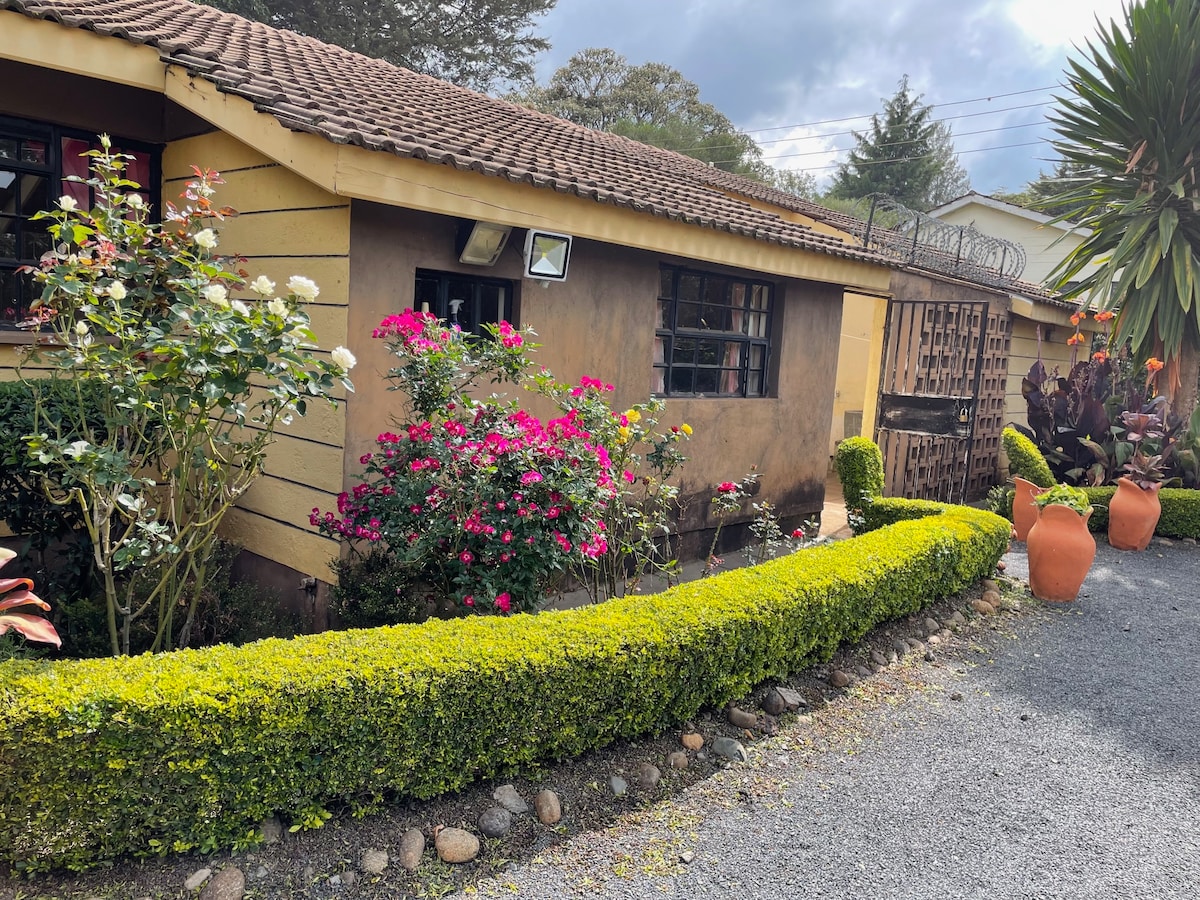 A charming exterior view of the house is framed by vibrant rose bushes and neatly trimmed hedges. The gravel driveway leads to a decorative entrance, highlighted by potted plants. The rustic stone and clay finishes of the house contribute to the overall warm appearance.