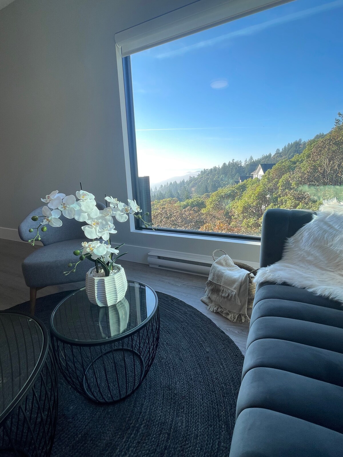A modern living area is visible, showcasing a dark blue sofa and a round glass coffee table. A white orchid plant adds a touch of elegance. Large windows frame a view of the forested landscape and clear blue sky, creating a bright and open atmosphere.