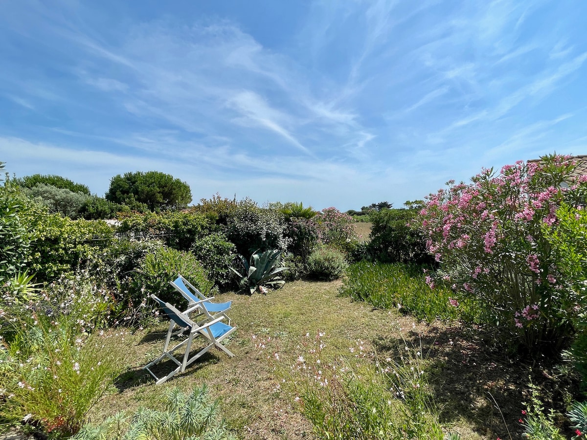A serene garden area is depicted, featuring vibrant greenery and flowering plants. Two blue lounge chairs are positioned on a grassy patch, inviting relaxation in the tranquil outdoor space. The sky is bright and clear, contributing to the peaceful atmosphere of the setting.