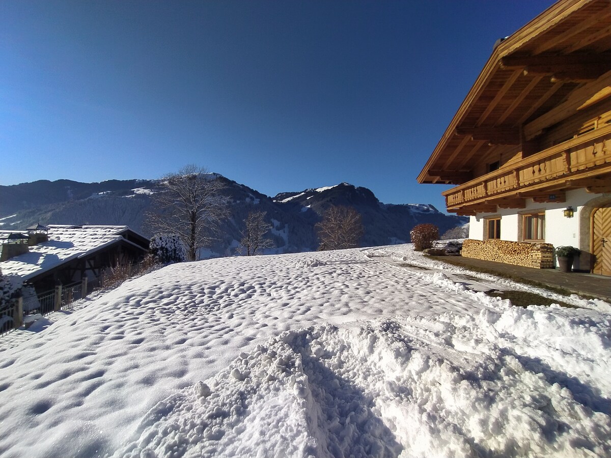 A snow-covered landscape is presented, with a spacious area of white snow leading to distant mountains under a clear blue sky. The chalet is visible on the right, showcasing its traditional architectural style, including wooden balconies and eaves.