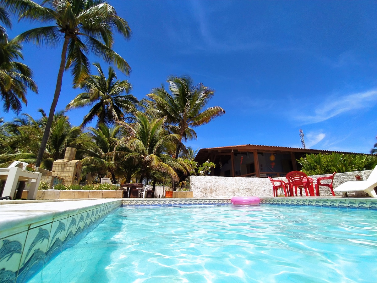 A refreshing swimming pool is set amid swaying palm trees, with sunlight reflecting off the clear water. Colorful lounge chairs surround the pool area, offering a relaxing space for guests. A portion of the house is visible in the background, blending harmoniously with the tropical landscape.