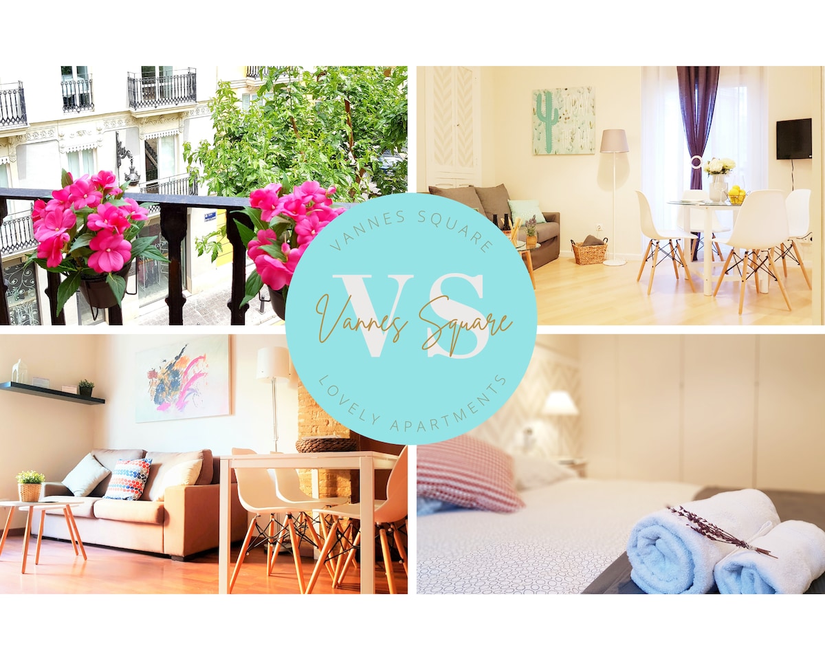 A collage of the apartment's key features includes a cozy seating area with a sofa and decorative pillows, a dining space with a round table and chairs, a well-lit bedroom showcasing neatly arranged towels, and vibrant flowers visible from a balcony that adds a touch of color.