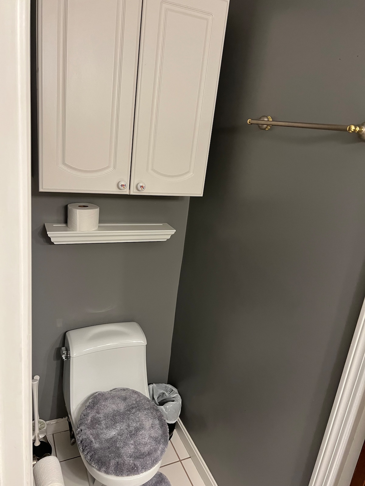 A compact bathroom space is highlighted by a toilet, accompanied by a gray toilet seat cover. White cabinetry is mounted above, providing storage, while a shelf displays a roll of toilet paper. A towel rack is positioned nearby, against a muted gray wall.