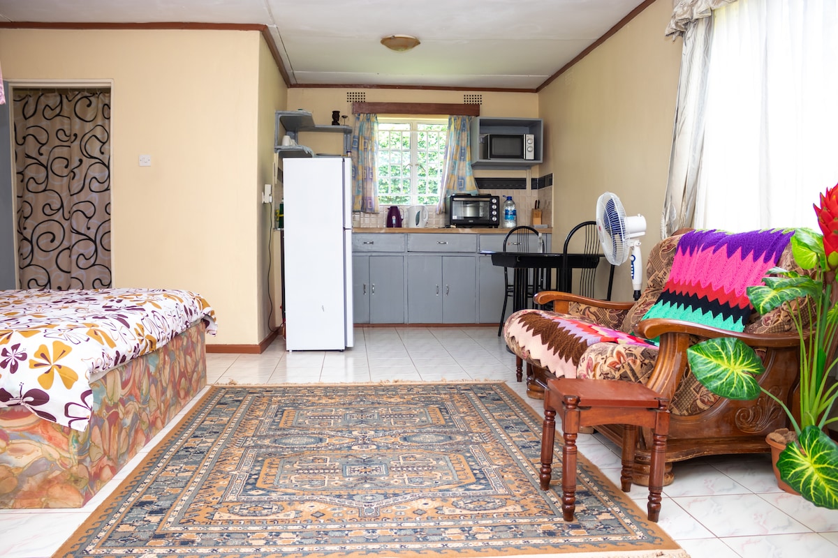 A well-lit room features a cozy seating area with a wooden sofa adorned with colorful cushions. A vibrant rug lies on a tiled floor, while a compact kitchen area is equipped with a refrigerator, microwave, and a dining table. Large windows invite natural light.