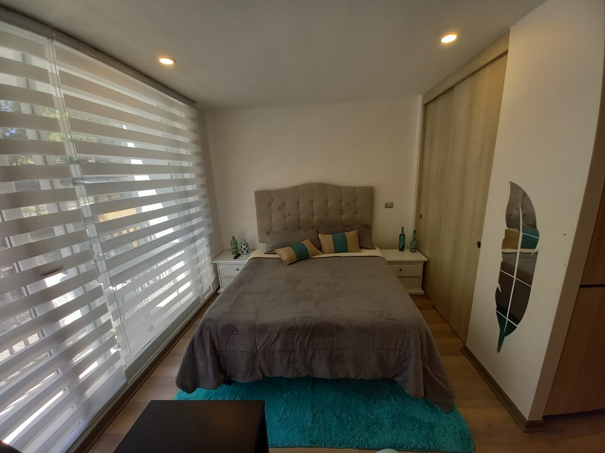 A spacious bedroom features a comfortable bed dressed in soft grey bedding, accented by colorful pillows. Natural light filters through modern striped blinds, illuminating the light wood flooring. A decorative feather motif is visible on the adjacent wall, adding a subtle artistic touch.