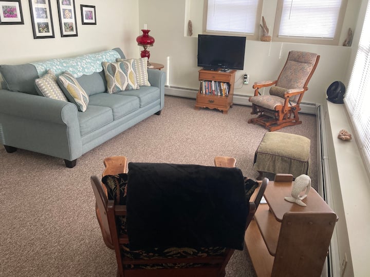 Detta i vardagsrummet. Soffan kan dras ut för extra sovplatser. Lägenheten rymmer bekvämt upp till 4 personer men är bäst med 2.  TV: n har en DVD-spelare med tillgång till appar som Netflix, Prime, m.m.