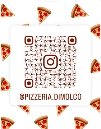 A QR code is displayed at the center of the image, surrounded by small pizza slice icons. The design is simple and invites interaction with the restaurant's social media account.