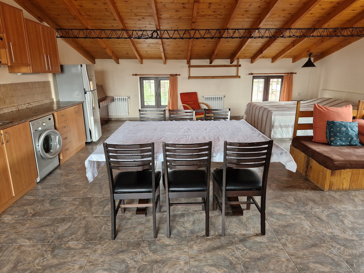An open living space is featured, showcasing a wooden ceiling and tiled flooring. A large dining table is surrounded by four black chairs, while a sofa and spacious bed are positioned nearby. Light enters through multiple windows, creating a bright atmosphere.