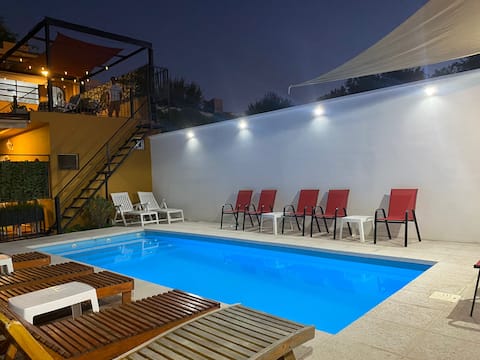 Mina Clavero, right in the center, garage, pool, air conditioning.