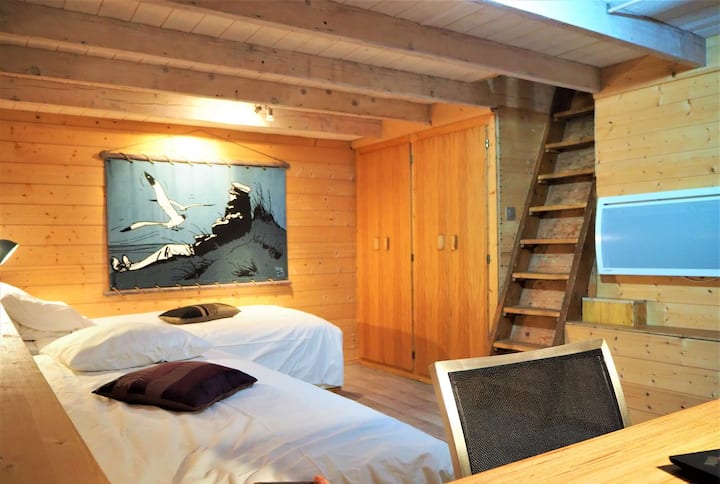 Chambre en rez de jardin accès par le salon : 2 lits de 90*200 et un bureau de 70*1,70 m,  une porte fenêtre sur le jardin et une grande baie vitrée