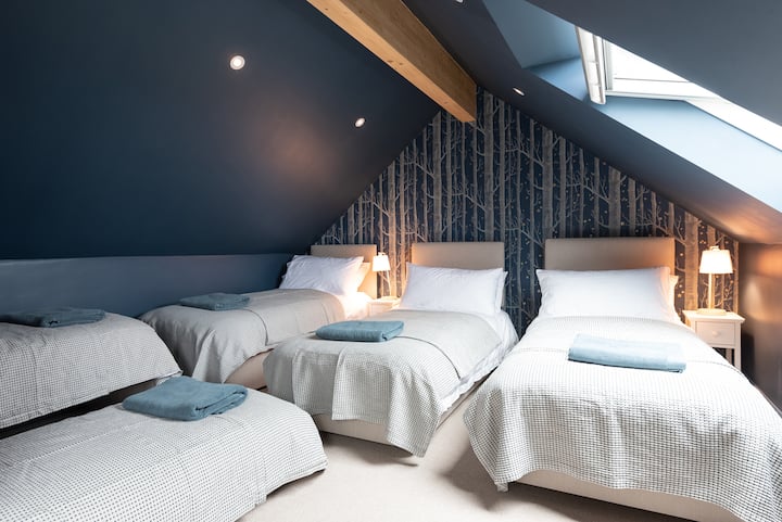 attic bedroom with 5 single or one superkingsize bed, plus 2 chest of drawers