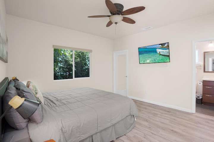 Master suite with expansive king bed, smart TV, ceiling fan & walk-in closet