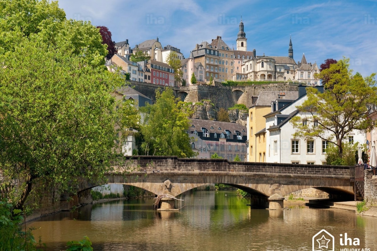 A serene view showcases a stone bridge arching over a calm river, with charming buildings lining the banks. The hillside is adorned with a mix of historical architecture, greenery, and a clock tower, under a clear blue sky, creating a tranquil urban landscape.