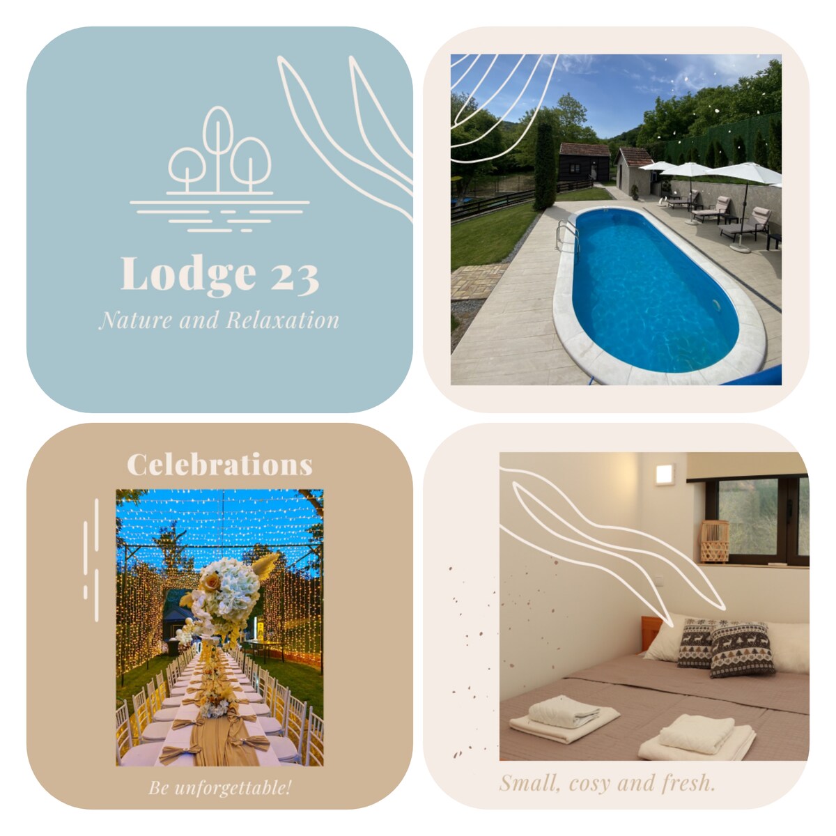 A serene outdoor pool is framed by umbrellas and lounge chairs, inviting relaxation in a spacious, well-maintained patio area. Surrounding greenery enhances the natural ambiance, providing an ideal setting for refreshment and enjoyment.