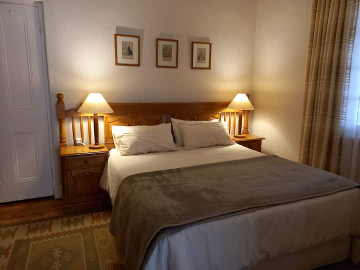 Dormitorio con una cómoda cama tamaño queen.