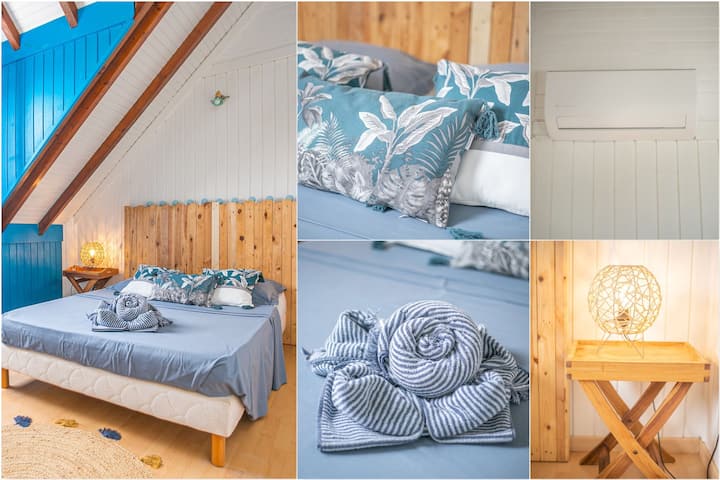Chambre bleue, chambre 3 sur 4, au 1er étage
Lit en 140 X 190
Climatisation individuelle Moustiquaire
13M2