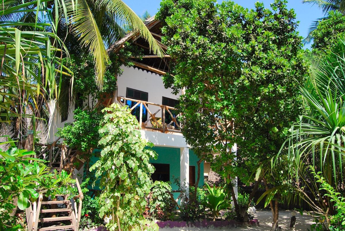 A two-story building is surrounded by lush tropical vegetation, featuring a vibrant turquoise accent wall. The upper balcony is adorned with colorful seating, offering a view of the greenery. Natural light filters through the leaves, creating a serene and inviting atmosphere.