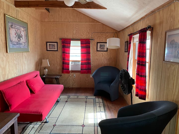 Living area with convertible couch and air conditioning/heating unit