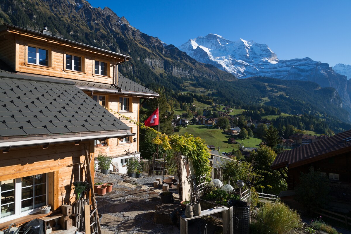 A wooden chalet is displayed in the foreground, with a stunning backdrop of snow-capped mountains. Lush greenery and potted plants surround the entrance, while the Swiss flag adds a touch of local charm. The bright blue sky enhances the mountain panorama.