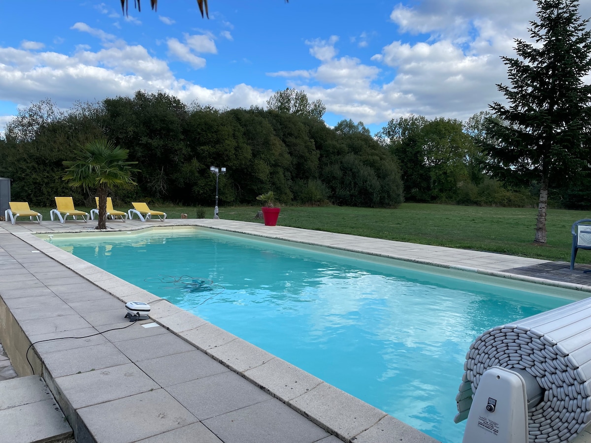 A large swimming pool is framed by a sun terrace featuring lounge chairs and a vibrant red planter. Lush greenery is visible in the background under a partly cloudy sky, creating a serene outdoor environment.