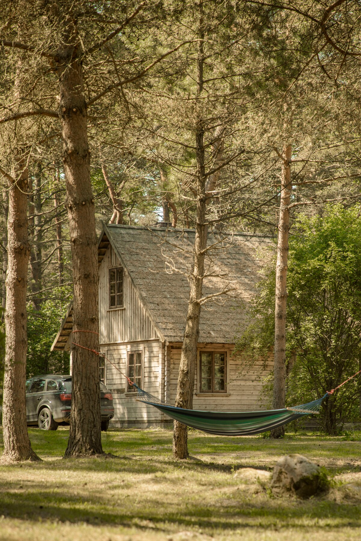 A rustic wooden cabin is nestled among tall trees, featuring a sloped roof and a front window. A hammock is suspended between two trees, offering a shaded resting area. A vehicle is parked nearby on a grassy expanse.