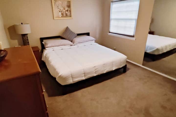 Camera matrimoniale con letto king-size, scrivania/sedia ergo, 46" Led TV con Netflix, Amazon Prime Video, Youtube e tutti i canali locali che arrivano sopra l'antenna al 2 ° piano con bagno interno annesso che ha una doccia spa per 2 persone. Fig#2