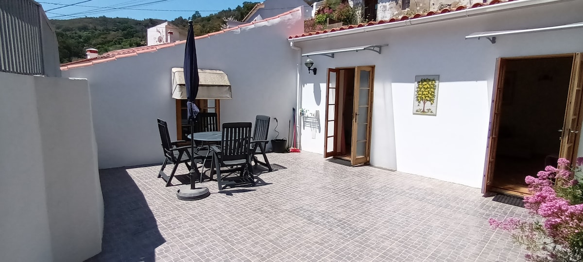 A private patio is shown, featuring a round table and six wooden chairs. An umbrella provides shade, while a small flowering plant adds color. The tiled floor complements the white walls of the surrounding house, with double doors leading to the interior of the home.