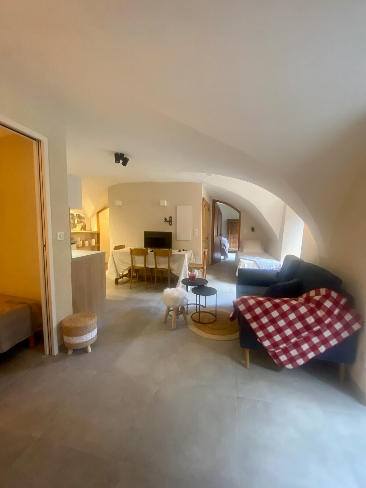 The living area displays a blend of modern and rustic elements, featuring a cozy blue sofa draped with a checkered blanket. A wooden dining table with chairs is visible, alongside a small round coffee table. Arched ceilings enhance the spacious feel, with natural light streaming in.