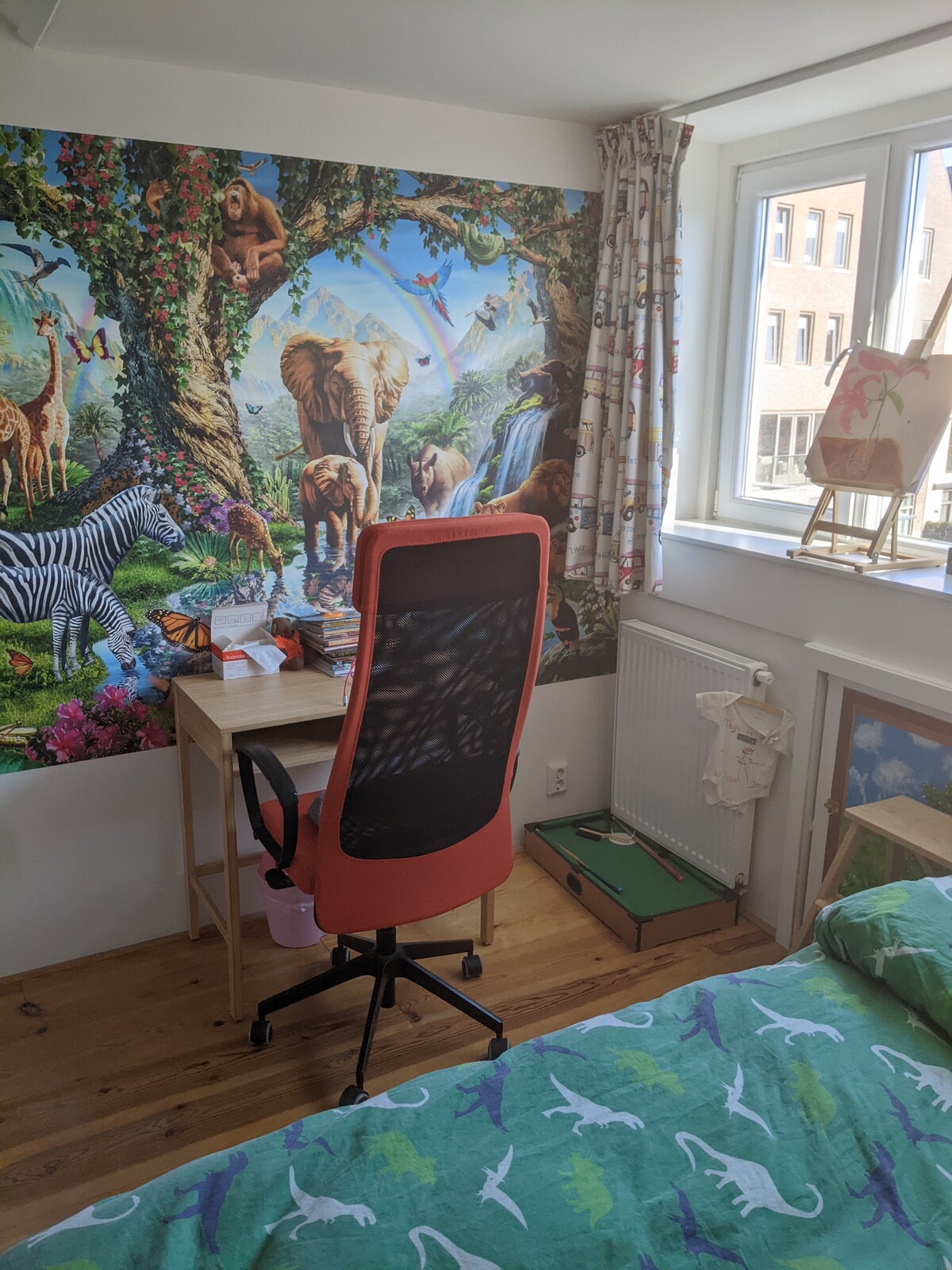 Este es el dormitorio de Thijs (13). Su cama tiene 140 anchos y le gustan los animales.
