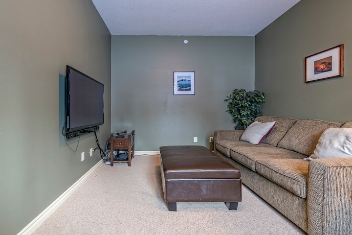 Arriba Den con TV de pantalla plana, sofá cama y puerta para mayor privacidad 