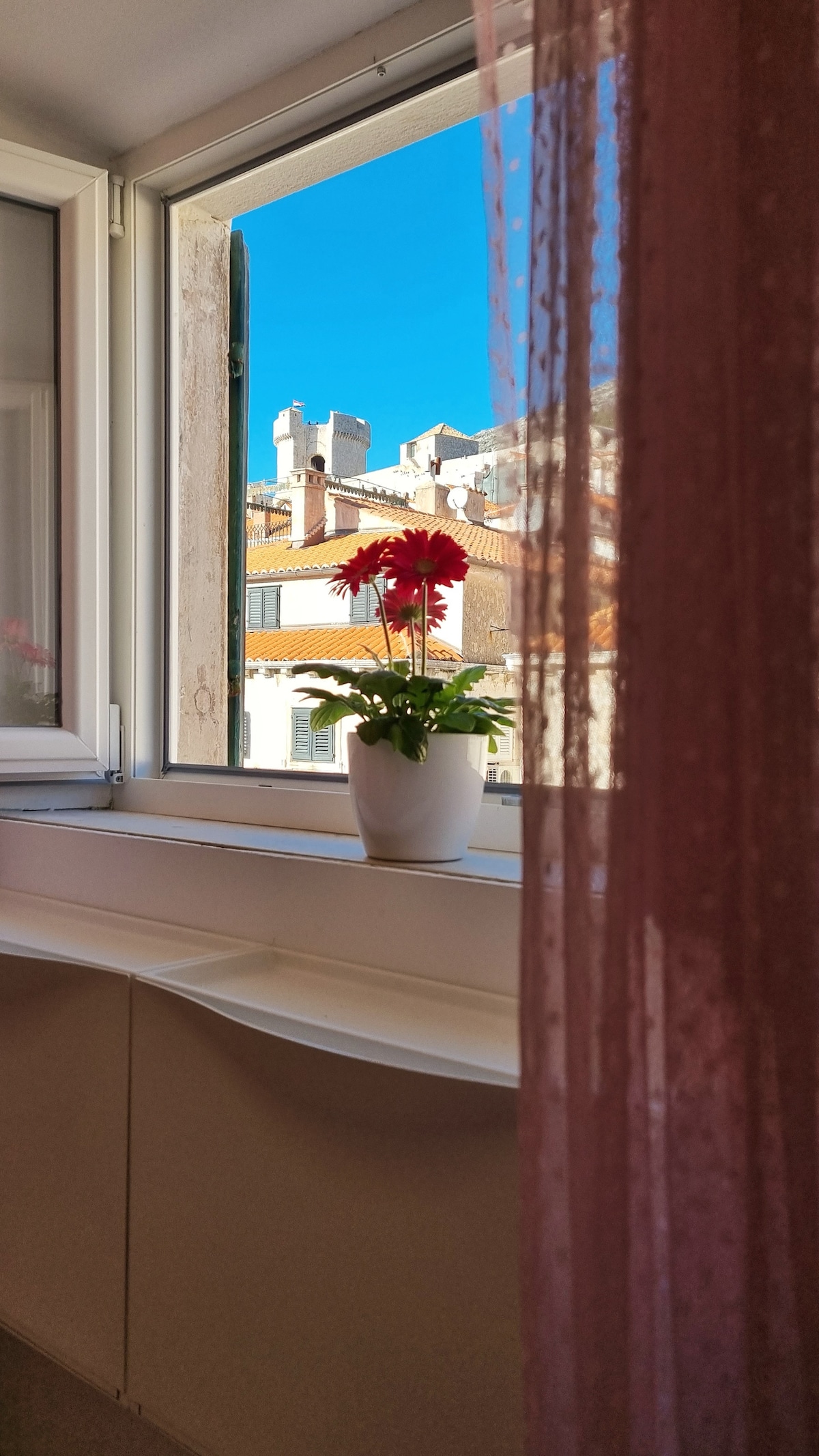 A bright window reveals a view of rooftops and distant stone buildings against a clear blue sky. A potted flower sits on the windowsill, adding a touch of color to the scene, while sheer curtains gently frame the view.