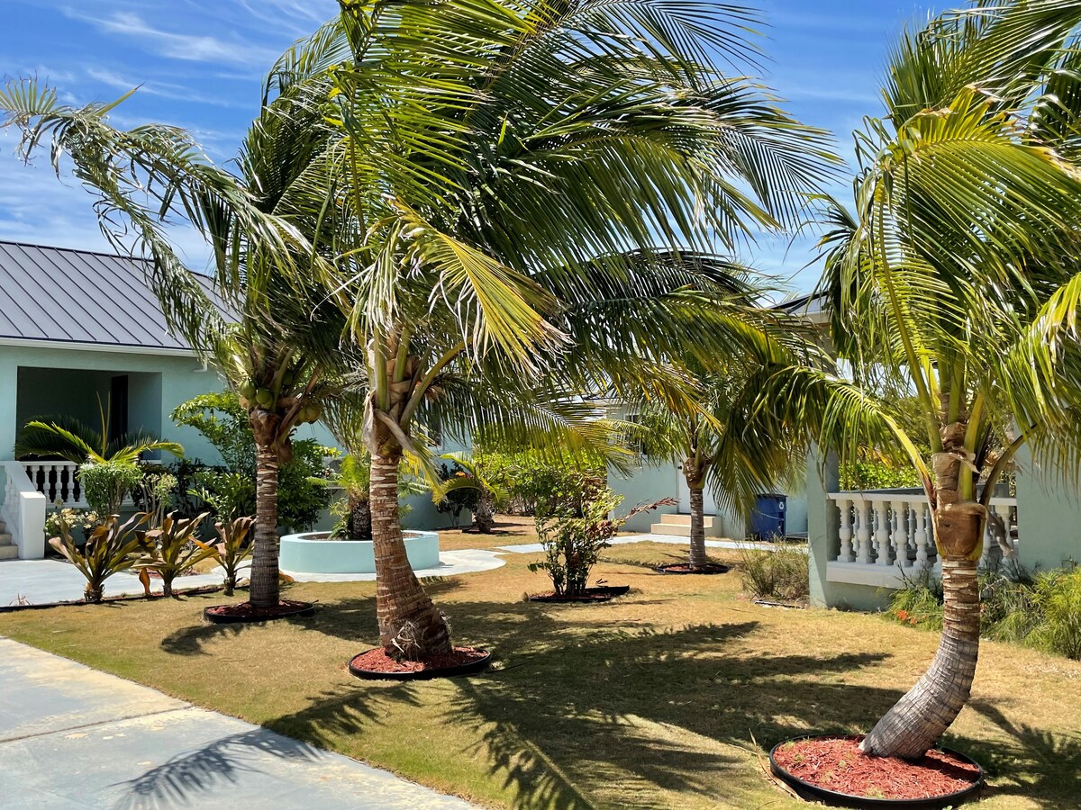 Lush palm trees are seen swaying gently in the breeze, framing a well-manicured lawn. In the background, a light blue structure offers a glimpse of the inviting home. The scene is complemented by colorful flowerbeds, enhancing the serene outdoor space.