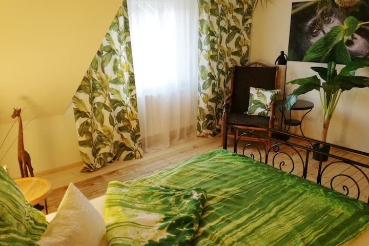 Dvojposteľová izba na 2. poschodí, kútik na čítanie a okno s výhľadom na Lambrecht do Falckého lesa.