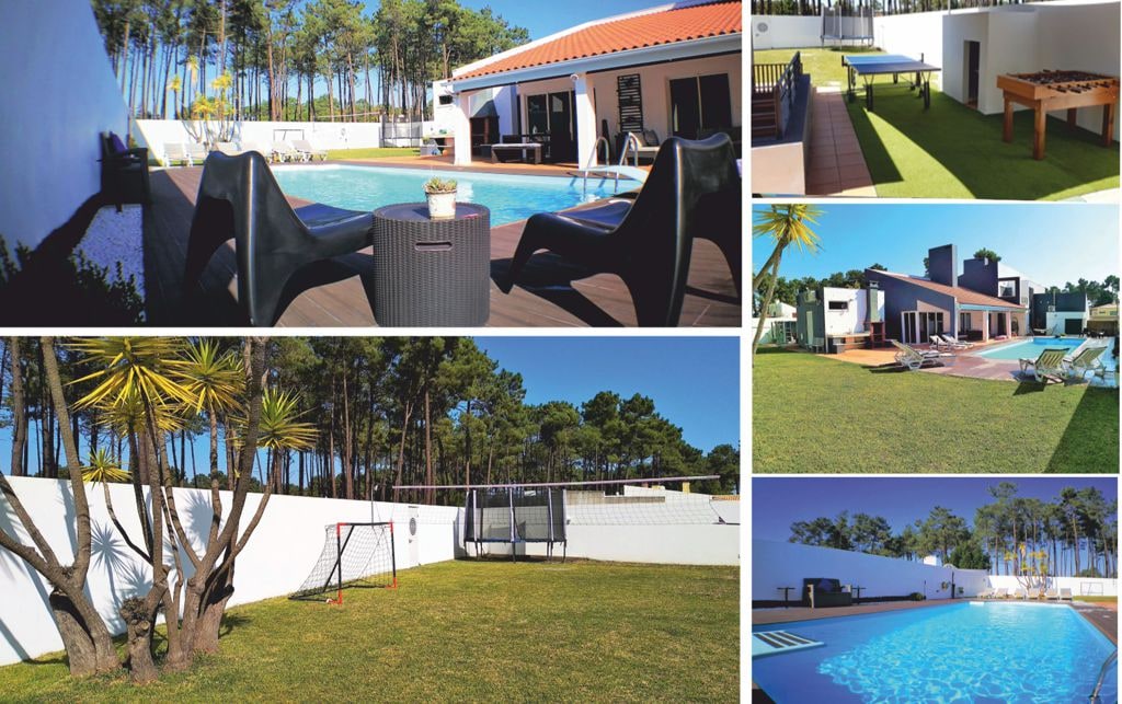 A spacious outdoor area encompasses a heated saltwater pool surrounded by sun loungers and shaded seating. A well-maintained lawn features a soccer goal, ping pong space, and a foosball table, with the serene backdrop of a pine forest enhancing the location's tranquility.