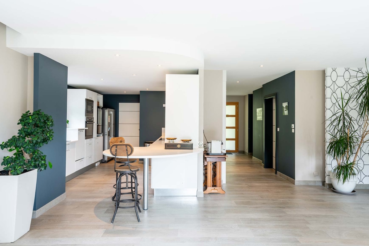 An open-plan kitchen and living area is showcased, featuring modern cabinetry and a large island with seating. Natural light fills the space through expansive windows, and decorative plants add a touch of greenery. The contemporary design is complemented by a neutral color palette throughout.