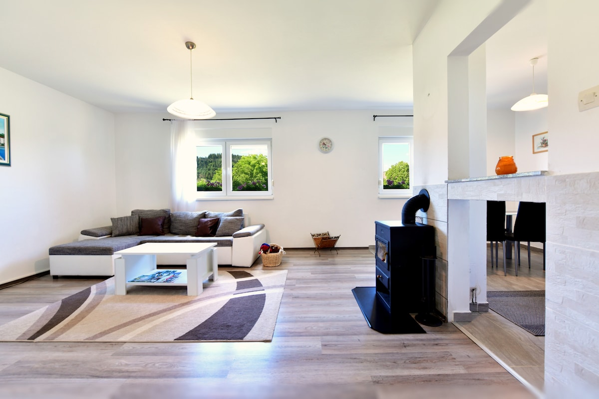 A spacious living area features a comfortable sectional sofa and a modern coffee table, complemented by a decorative rug. Large windows allow natural light to fill the room, highlighting a cozy fireplace. An adjacent dining area is prepared with a dining set, enhancing the open layout.