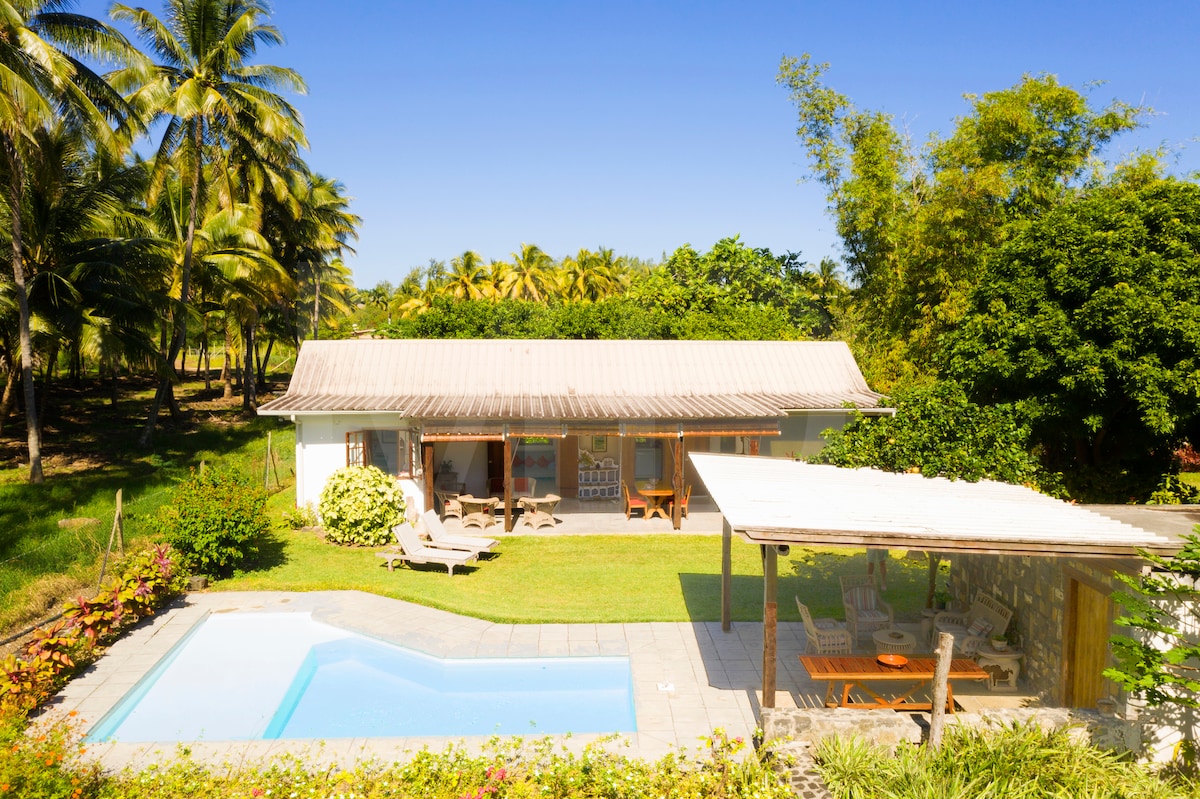 The serene bungalow is surrounded by lush greenery and palm trees. A private pool is set in the garden, complemented by comfortable seating on the terrace. A covered area features a wooden table, providing a space for meals or relaxation.
