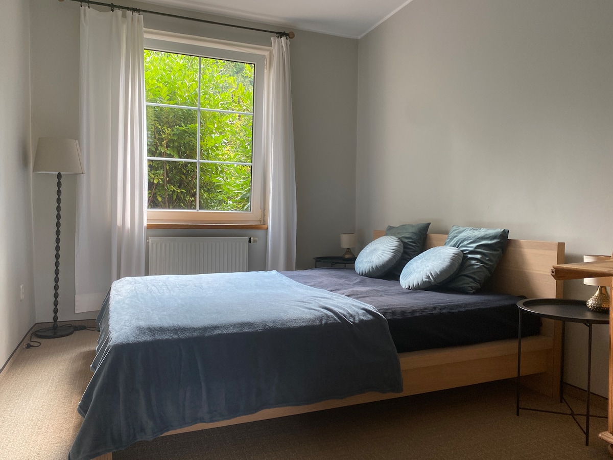A spacious bedroom features a large bed with a dark blue blanket and two plush pillows. Natural light enters through a sizeable window, adorned with sheer white curtains. A bedside table and a floor lamp add functionality to the space.
