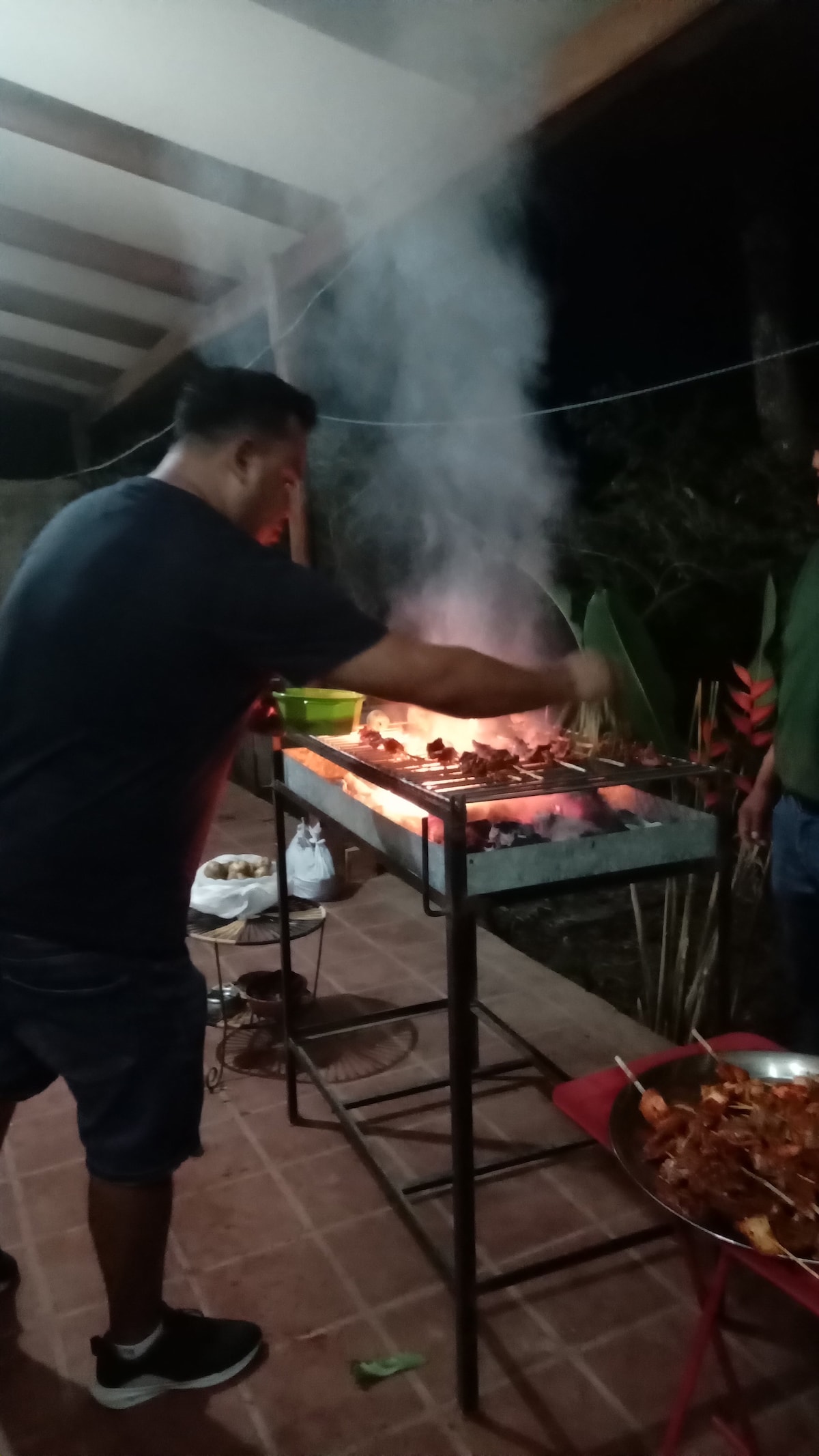 A barbecue area is shown with a grill emitting smoke. An individual is seen cooking skewers over the flames, surrounded by tropical plants. Nearby, a large dish of marinated meat is positioned on a table, indicating a communal and inviting cooking atmosphere.