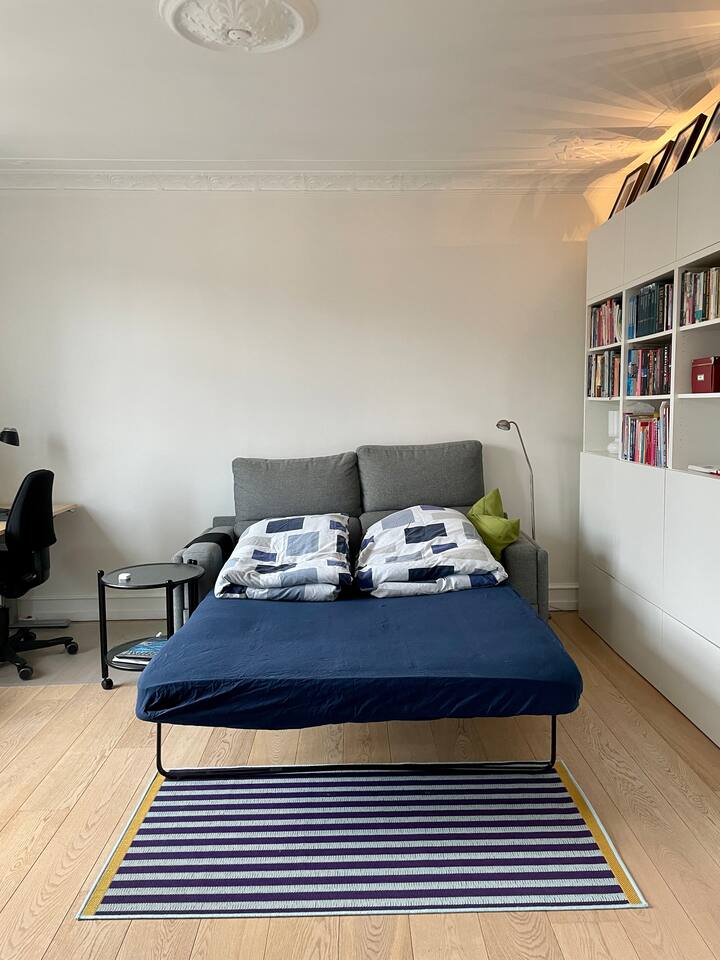 Një nga dy dhomat e gjumit/dhomat e punës të ndara (dhe dhoma e ndenjjes). Kjo dhomë është e pajisur me një divan krevat dopio të rregullt (140 x 200 cm). Në këtë dhomë ka gjithashtu një vend pune me një tavolinë ngritëse/ulëse.