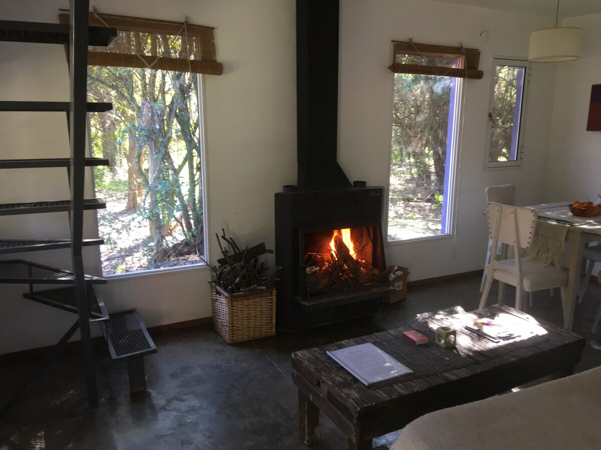 A cozy living area features a wood-burning stove, providing warmth and ambiance. Large windows allow natural light to illuminate the space, while a rustic coffee table adds character. A dining table is seen in the background, complemented by simple white chairs.