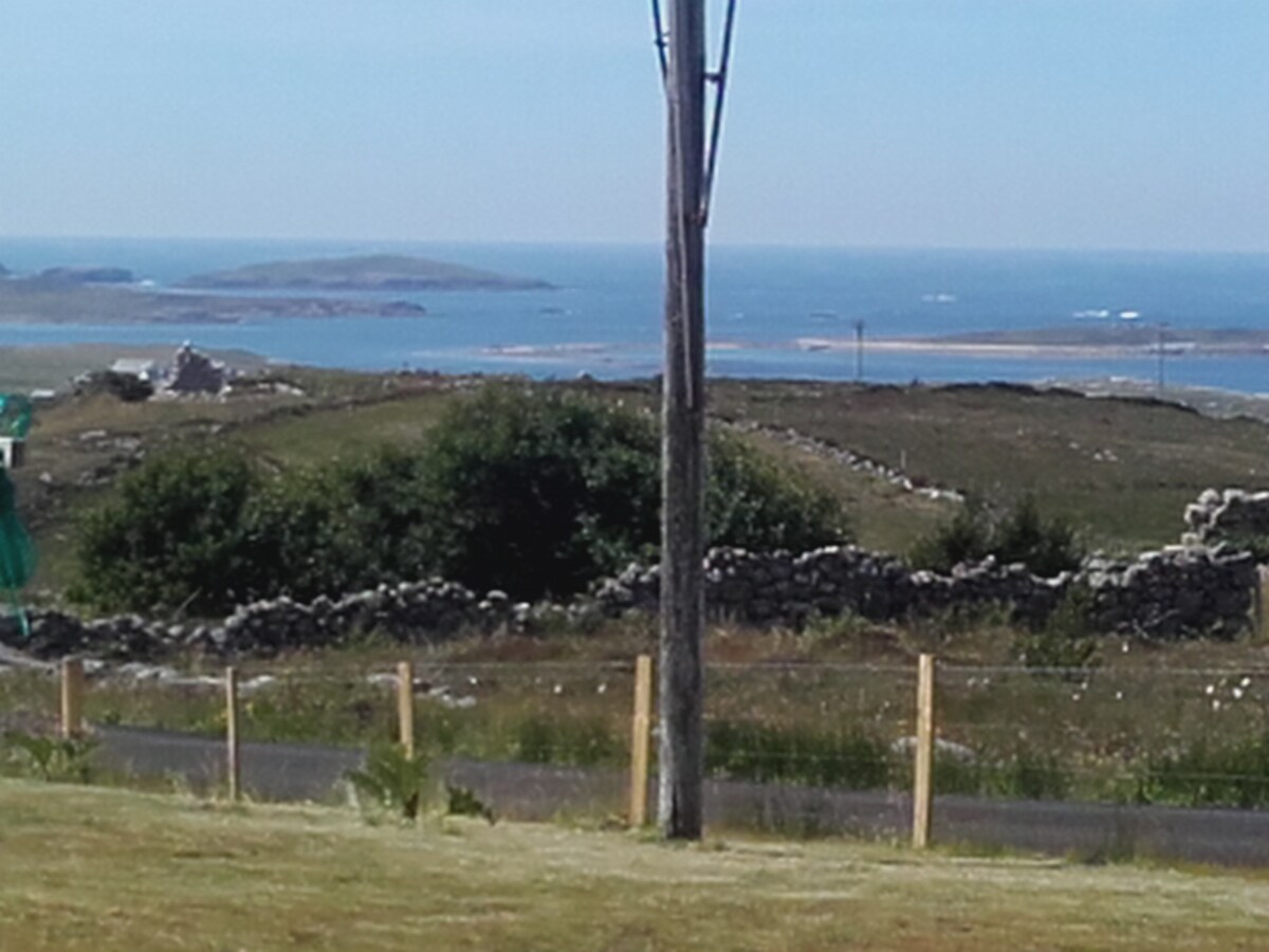 A panoramic view of the coastline is presented, showcasing the serene blue ocean and distant islands. Stone walls outline the lush green landscape, with a power line punctuating the horizon. The sky is clear, enhancing the tranquil scenery.