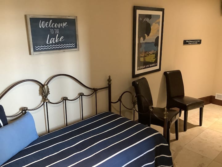 Mini suite on the first floor, only bedroom on that floor, giving privacy.  Full bathroom and kitchen also.