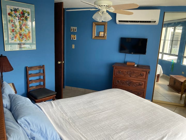 Kitanda cha ukubwa wa malkia, runinga na kabati katika chumba kikuu cha kulala